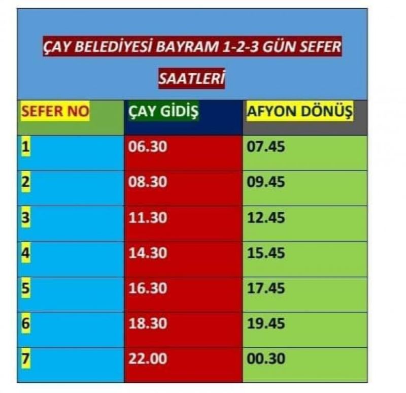 Çay Belediyesi Otobüs Hareket Saatleri Ramazan Bayramı 1-2-3 günleri Aşağıdaki Gibi Güncellenmiştir.
