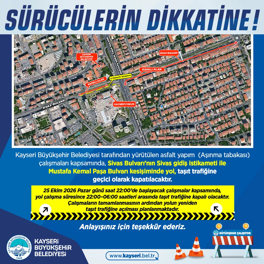 Kayseri'de Sivas Bulvarı'nda Asfalt Çalışması Nedeniyle Trafiğe Kapatılma