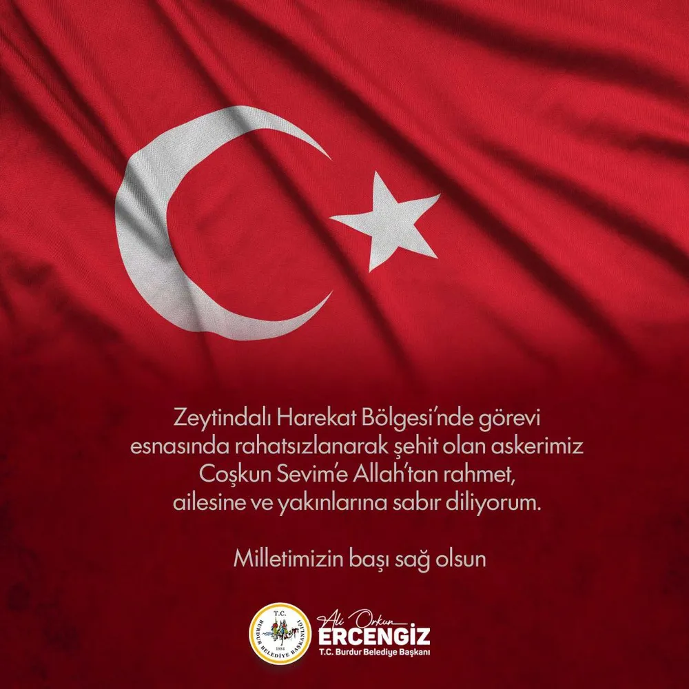 Burdur Belediyesi'nden Şehit Çoşkun Sevim İçin Taziye Mesajı